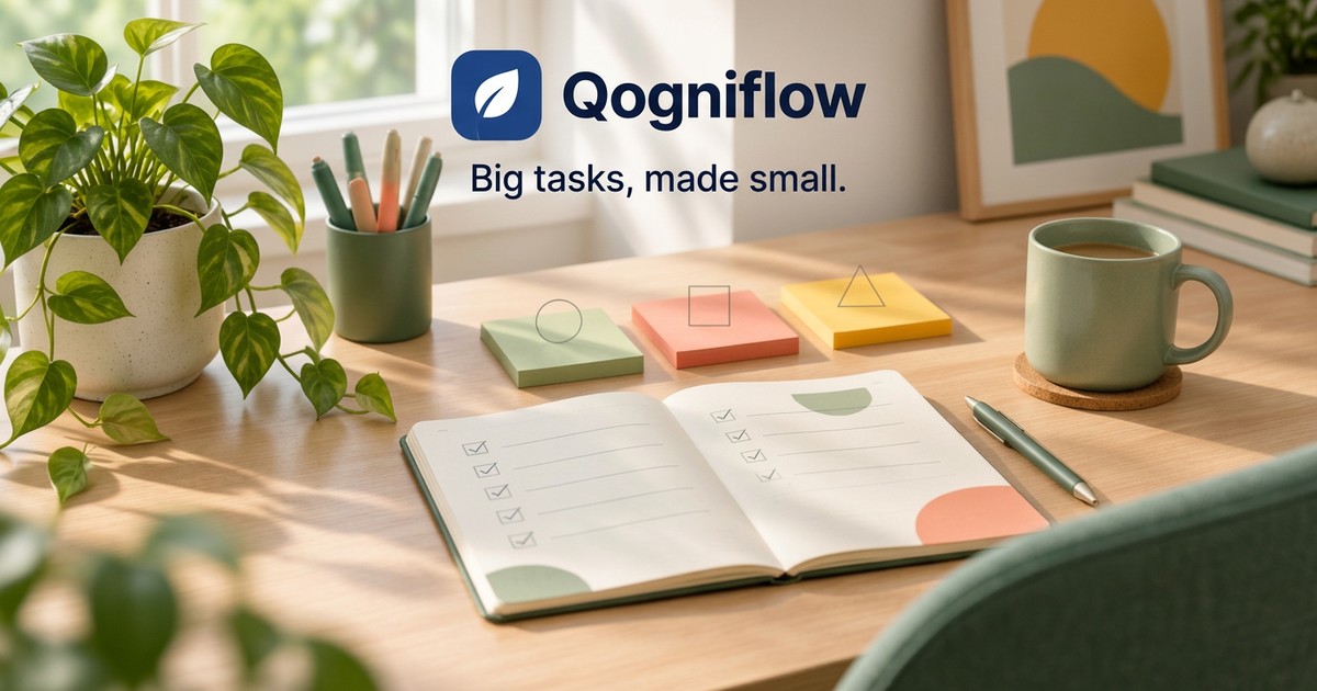 A calm sunlit desk with a plant, notebook, and three neatly arranged sets of notes